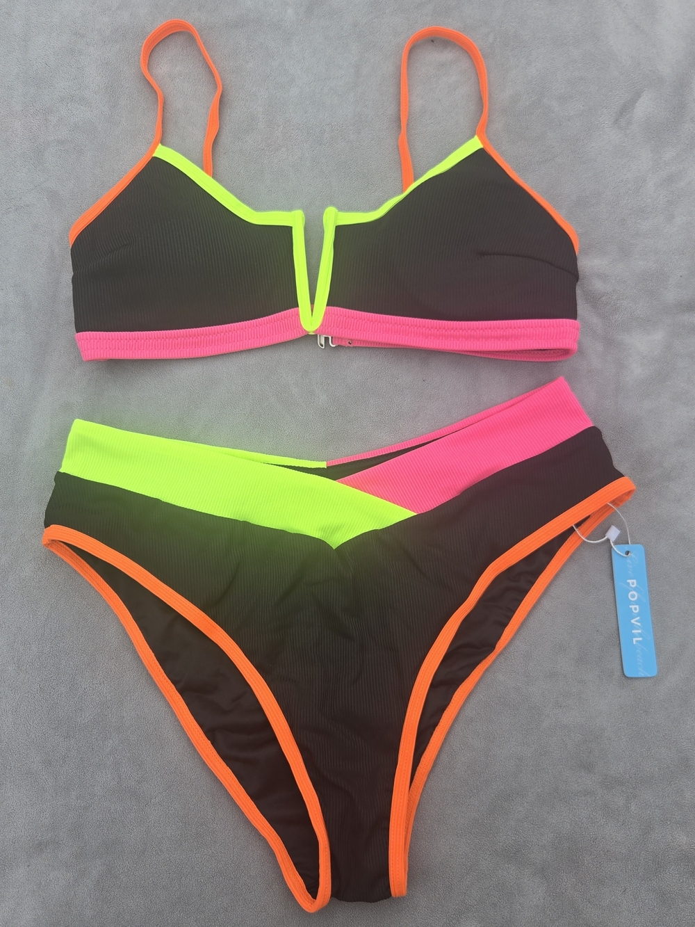 Popvil Black Bikini Set with Neon Pink, Lime & Orange Trim - NEW